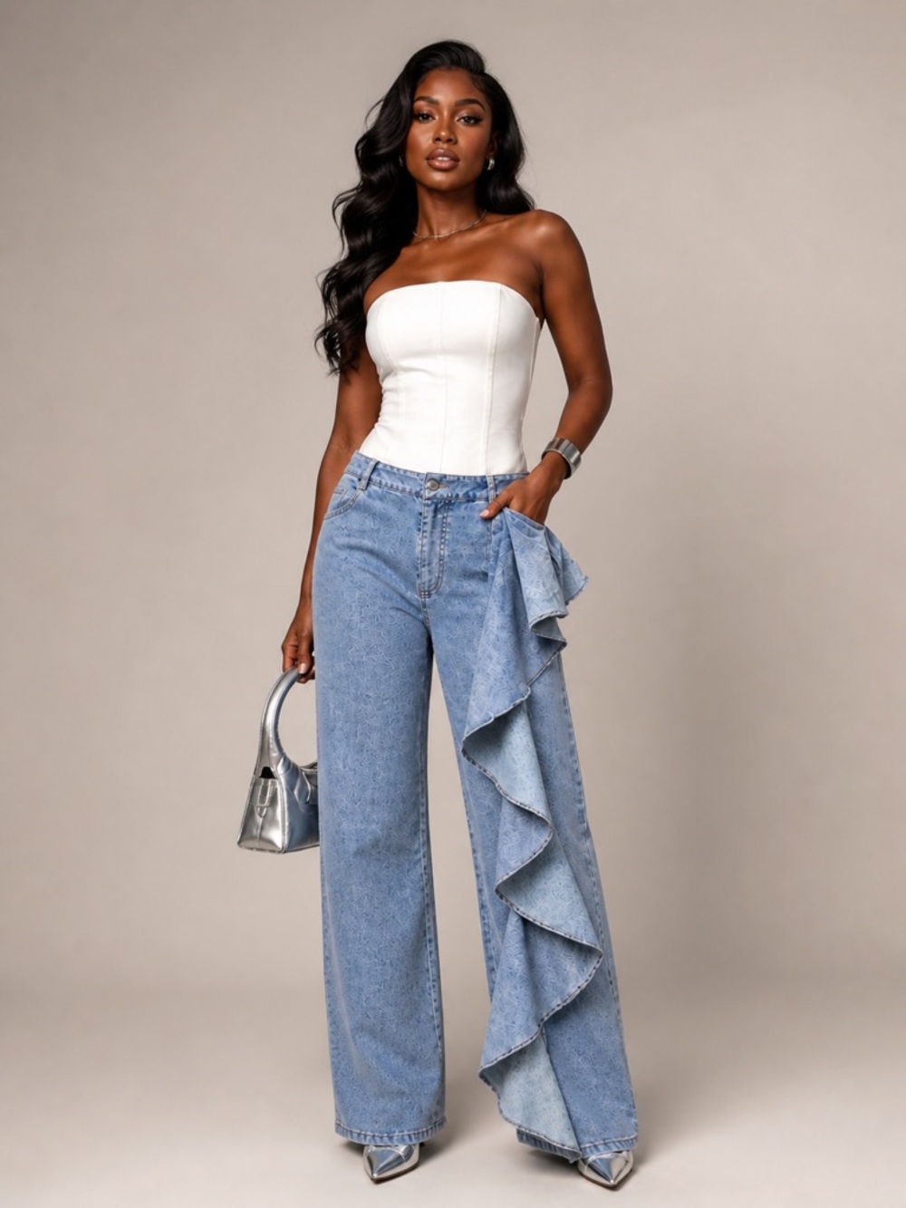 STRETCH Light Blue Ruffle Wide-Leg Jeans